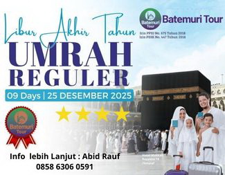 Paket Umrah Reguler, Liburan Akhir Tahun,Plus Kereta Cepat, Bintang 4 ,9D , BTT –RH,  Keberangkatan 25 Desember 2025 